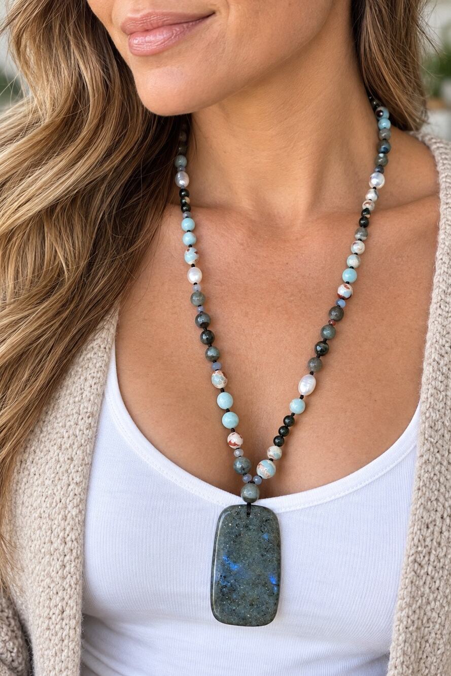 Labradorite Amazonite Pearl Gemstone Beaded Pendant Necklace Boho Artisan Long